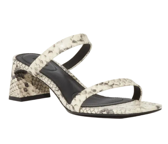 The Clara Snake Block Heel by Simkhai is a women's sandal with textured leather block heels, two thin straps, a squared toe, and a white snake print pattern.