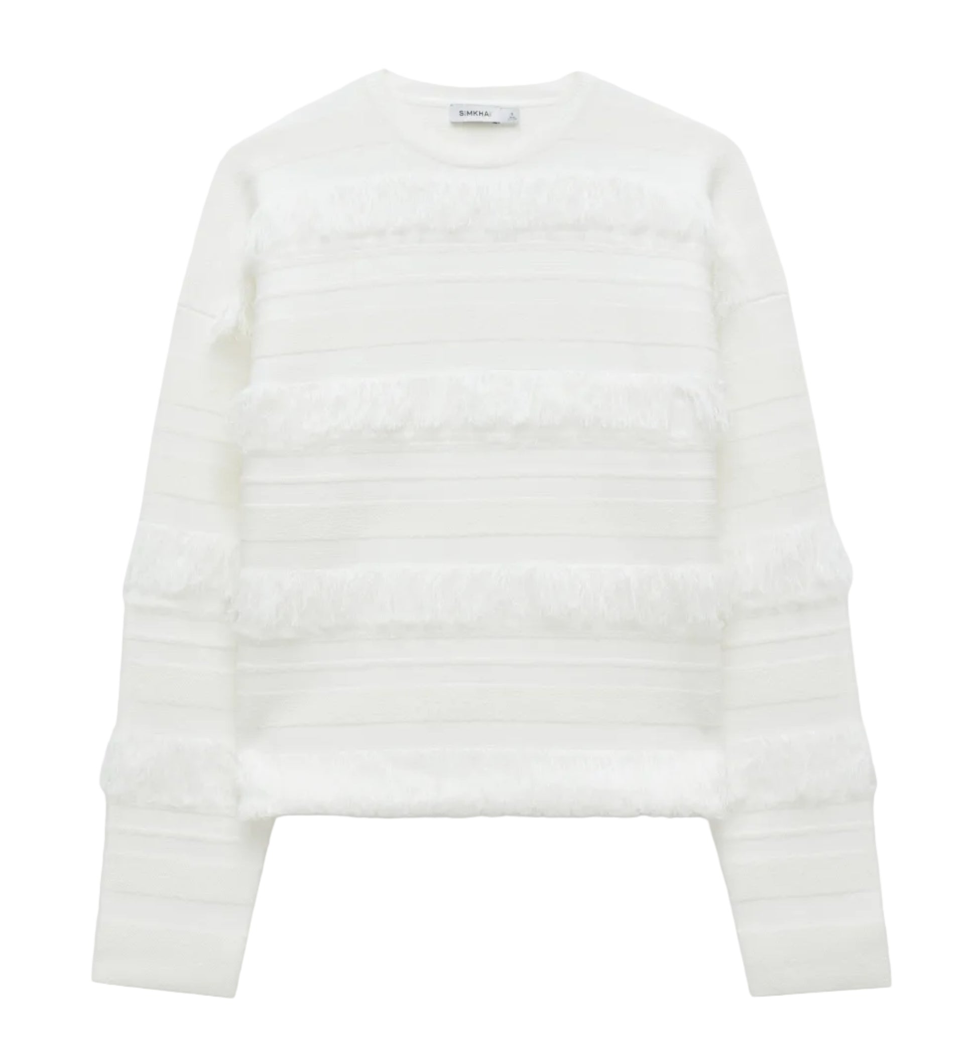 The Simkhai Carrick Crewneck Sweater is a white knit long-sleeve top featuring horizontal stripes and textured fringe accents on the front and sleeves, shown against a plain background.