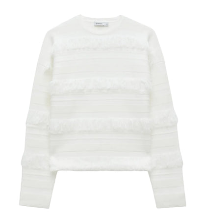 The Simkhai Carrick Crewneck Sweater is a white knit long-sleeve top featuring horizontal stripes and textured fringe accents on the front and sleeves, shown against a plain background.