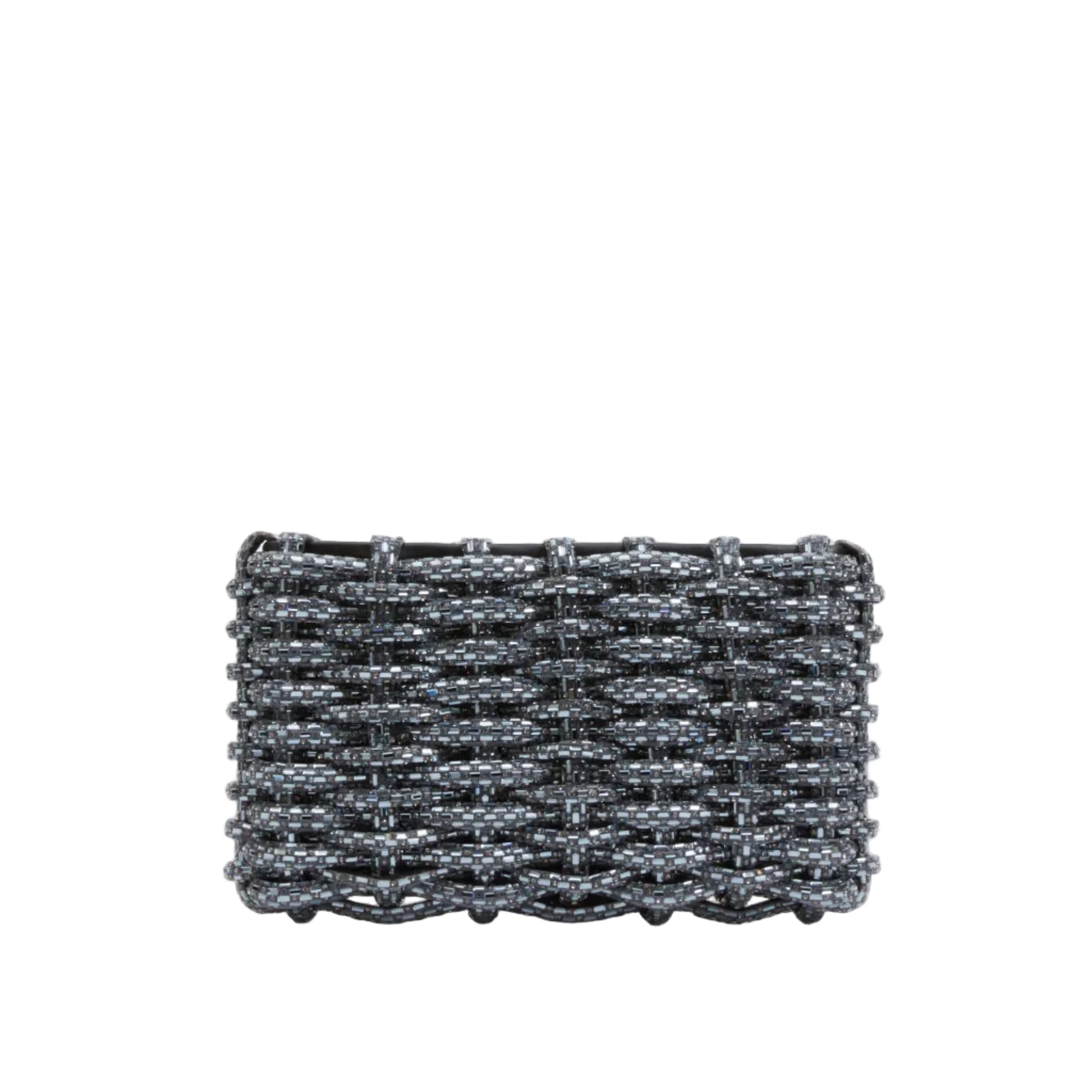 The Simkhai Morgan Clutch, a rectangular woven purse adorned with a metallic gray beaded design that echoes Simkhai’s elegant aesthetic, is displayed against a plain white background.