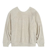 The Suzie Kondi Samos Sweatshirt is a light beige, long-sleeved crewneck with comfy sleeves, ribbed cuffs and waistband, shown flat on a white background—a relaxed fit ideal for travel.