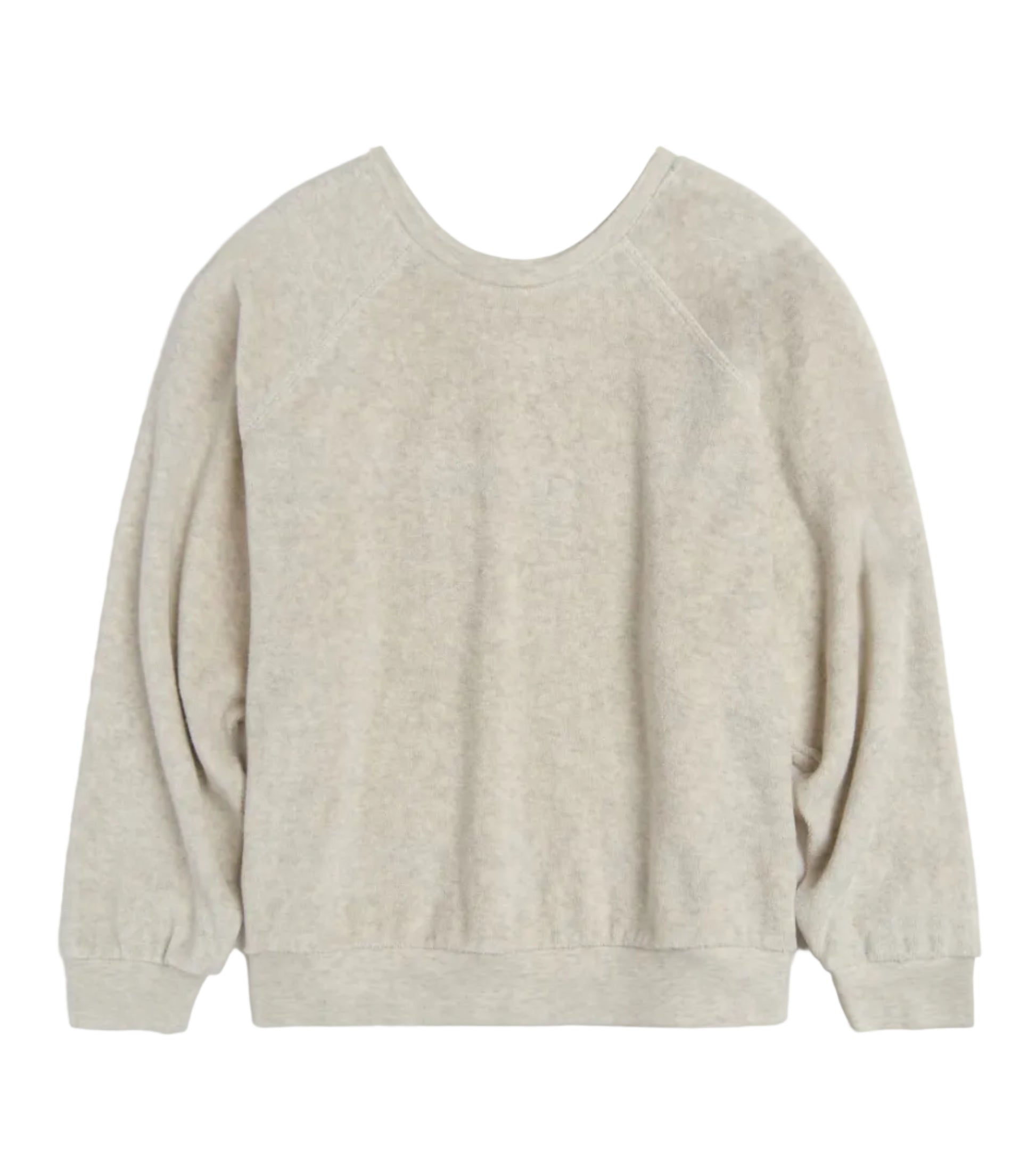 The Suzie Kondi Samos Sweatshirt is a light beige, long-sleeved crewneck with comfy sleeves, ribbed cuffs and waistband, shown flat on a white background—a relaxed fit ideal for travel.