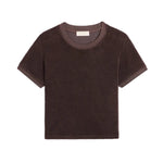 The Suzie Kondi Carpi Tee is a dark brown, short-sleeve terry fitted t-shirt with a round neckline, shown flat on a white background.