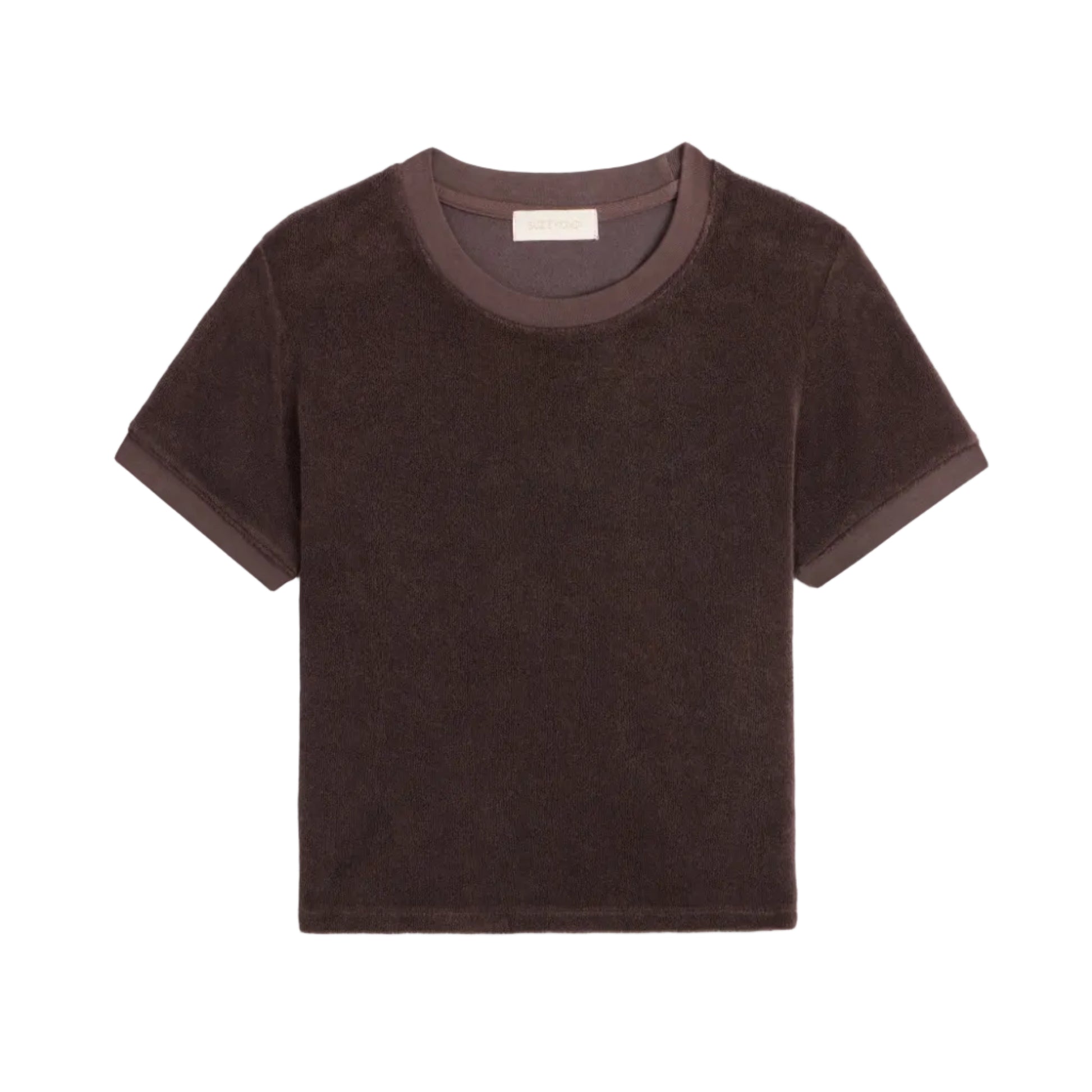 The Suzie Kondi Carpi Tee is a dark brown, short-sleeve terry fitted t-shirt with a round neckline, shown flat on a white background.
