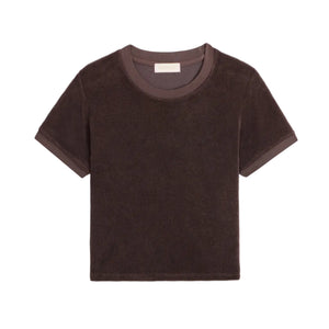 The Suzie Kondi Carpi Tee is a dark brown, short-sleeve terry fitted t-shirt with a round neckline, shown flat on a white background.
