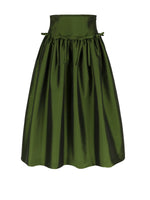 Bernadette Oscar skirt in dark green, an ankle-length midi with a high waist, pleated silhouette, and bow details.
