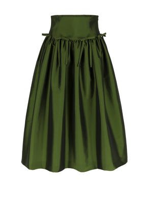 Bernadette Oscar skirt in dark green, an ankle-length midi with a high waist, pleated silhouette, and bow details.