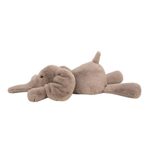 The Jellycat Smudge Elephant, Medium, a soft brown plush toy, is lying on its side against a white background.