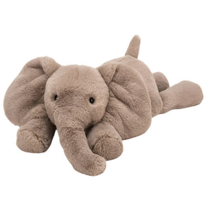 The Jellycat Smudge Elephant, Medium, is a plush toy lying on its stomach with trunk outstretched and ears wide, perfect for imaginative play or cozy cuddles.