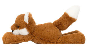 The Jellycat Smudge Fox is a brown plush toy lying flat with its tail raised, featuring white accents on the tail, ears, and face—an adorable companion.