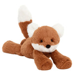 Jellycat’s Smudge Fox is a plush toy with brown fur, a white-tipped tail, white ears, and a white snout, lying flat on its belly.