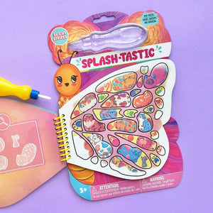 The Splash-Tastic Butterfly by Bright Stripes is a children's butterfly-themed magic water coloring activity book with a refillable water pen, displayed on a purple surface. This no-mess activity pad reveals hidden images of butterflies when wet, making it perfect for creative fun without the cleanup.