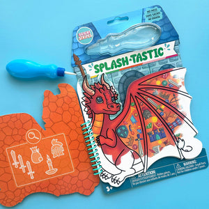 Introducing Splash-Tastic Dragon by Bright Stripes—a children’s dragon-themed water coloring book featuring a playful orange dragon illustration, a mess-free plastic water pen, and assorted illustrated objects on a vibrant blue background. Reveal hidden images with every stroke using this magical pad—perfect for creative fun without the clean-up!.