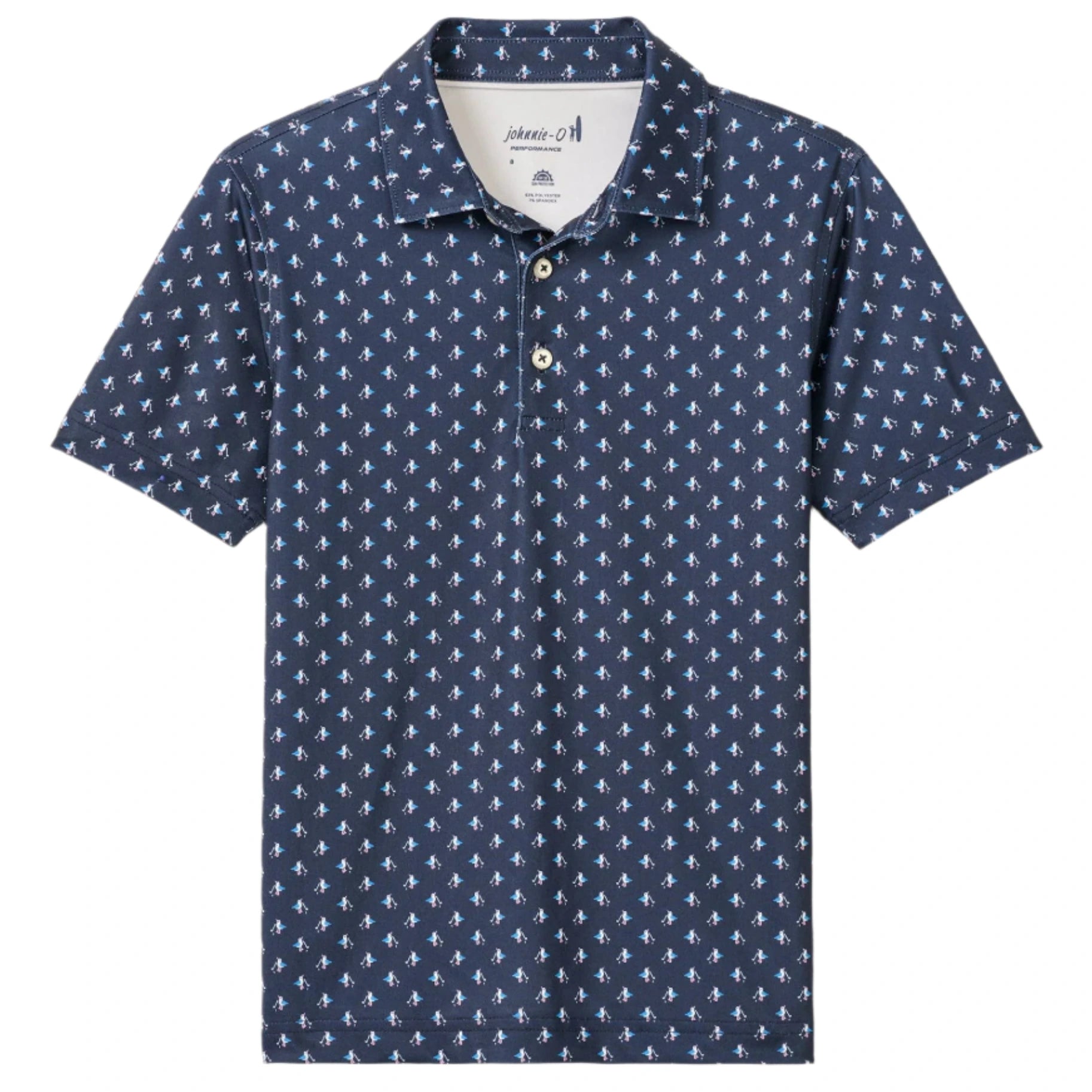 The Johnnie-O Boys' Performance Jersey Jr. Polo - For The Birdies Print is a cool, comfortable navy blue shirt with a white palm tree pattern, classic collar, three buttons, and lightweight fabric for all-day wear.