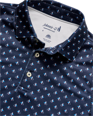The Boys' Performance Jersey Jr. Polo - For The Birdies Print by Johnnie-O is a navy blue, lightweight collared shirt with a golfer print, white buttons, and the brand's logo inside the collar.
