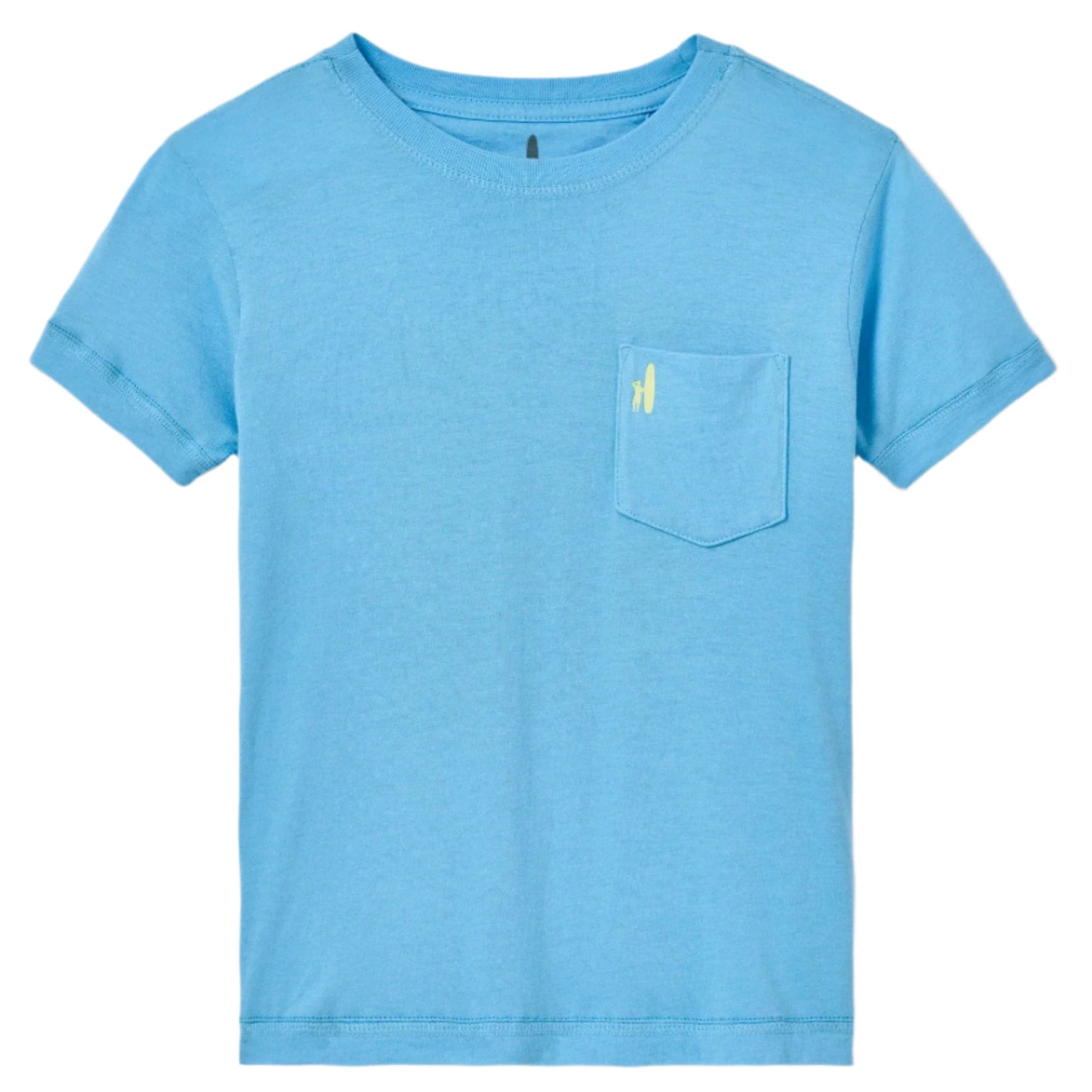 The Johnnie-O Boys Jr. Pocket T-Shirt is a faded light blue short-sleeve tee featuring a small left chest pocket and a subtle yellow logo above it, designed for all-day comfort.