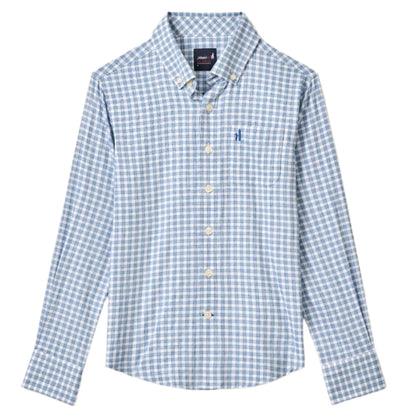 The Johnnie-O Boys' Performance Jr. Button Up Shirt in Westwood Print features a blue and white checkered pattern, long sleeves, wrinkle resistance, a collar, Tweener® button for comfort, and an embroidered logo on the chest.