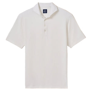 The Idris Polo by Johnnie-O is a lightweight, short-sleeve white polo shirt featuring a collar and three buttons, shown against a white background.