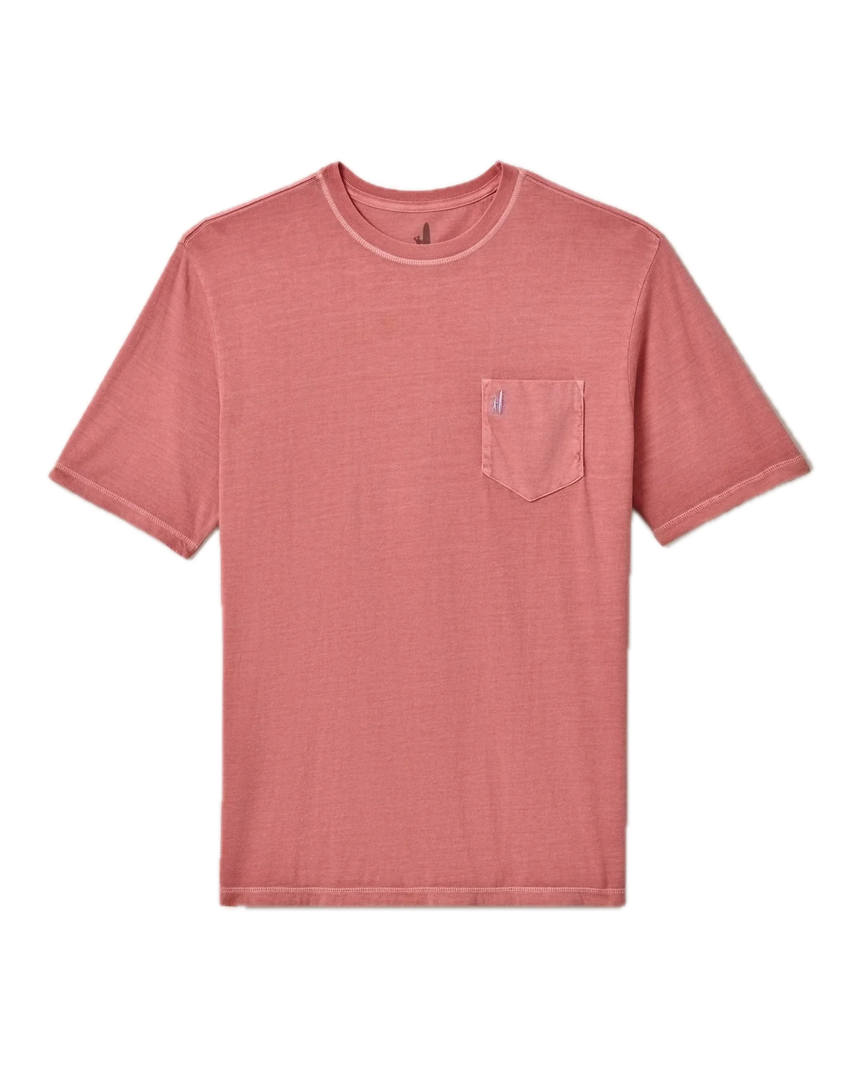 A Dale 2.0 Tee by Johnnie-O, in pink, garment-dyed with a crew neck and short sleeves, crafted from soft cotton modal and featuring a chest pocket, is laid flat on a white background.