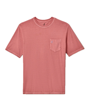 A Dale 2.0 Tee by Johnnie-O, in pink, garment-dyed with a crew neck and short sleeves, crafted from soft cotton modal and featuring a chest pocket, is laid flat on a white background.