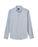 The Johnnie-O Westwood Button Down—a long-sleeve performance dress shirt in a blue and white checkered pattern—is displayed flat against a white background.