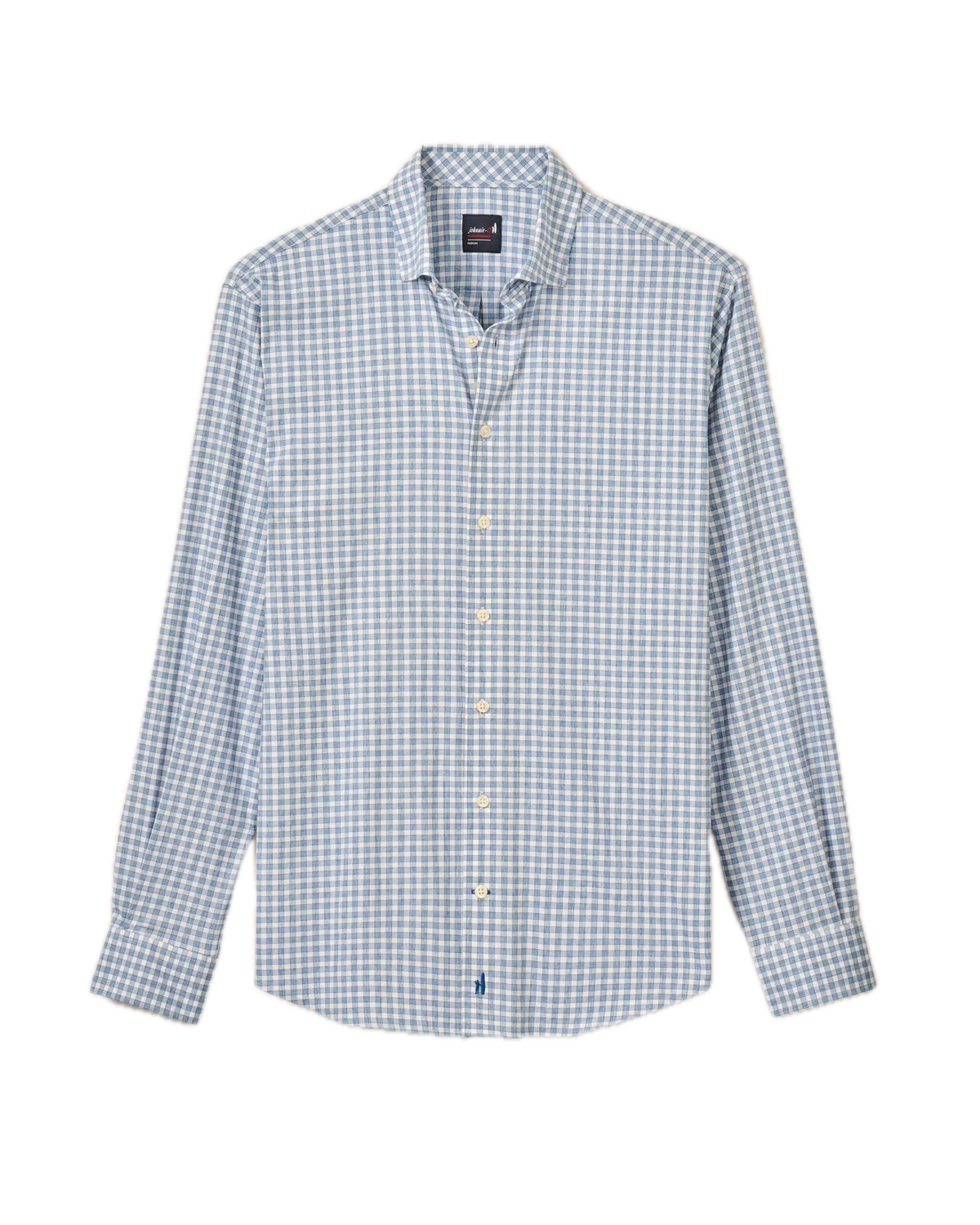 The Johnnie-O Westwood Button Down—a long-sleeve performance dress shirt in a blue and white checkered pattern—is displayed flat against a white background.