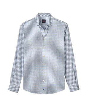 The Johnnie-O Westwood Button Down—a long-sleeve performance dress shirt in a blue and white checkered pattern—is displayed flat against a white background.