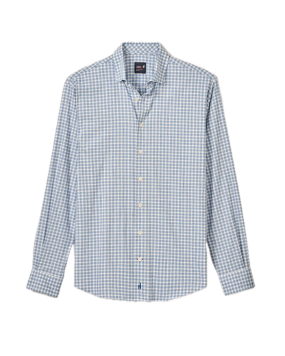 The Johnnie-O Westwood Button Down—a long-sleeve performance dress shirt in a blue and white checkered pattern—is displayed flat against a white background.