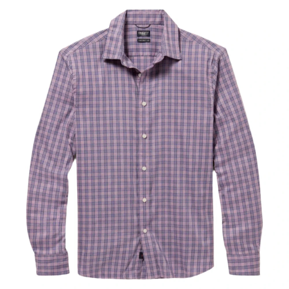 The Faherty Movement Sport Shirt is a long-sleeved, button-up crafted from wrinkle-resistant Supima cotton and features a purple and blue plaid pattern.