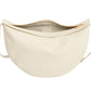 The Large Moon Sling Bag by Mansur Gavriel, a cream crescent-shaped crossbody with a gold zipper and adjustable strap, is elegantly displayed with the zipper partially open, beautifully balancing style and functionality for any occasion.