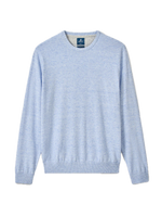 The Johnnie-O Albus Crew is an ultrasoft light blue crewneck sweater featuring long sleeves with ribbed cuffs and hem—a perfect lightweight piece for everyday layering, shown against a plain white background.