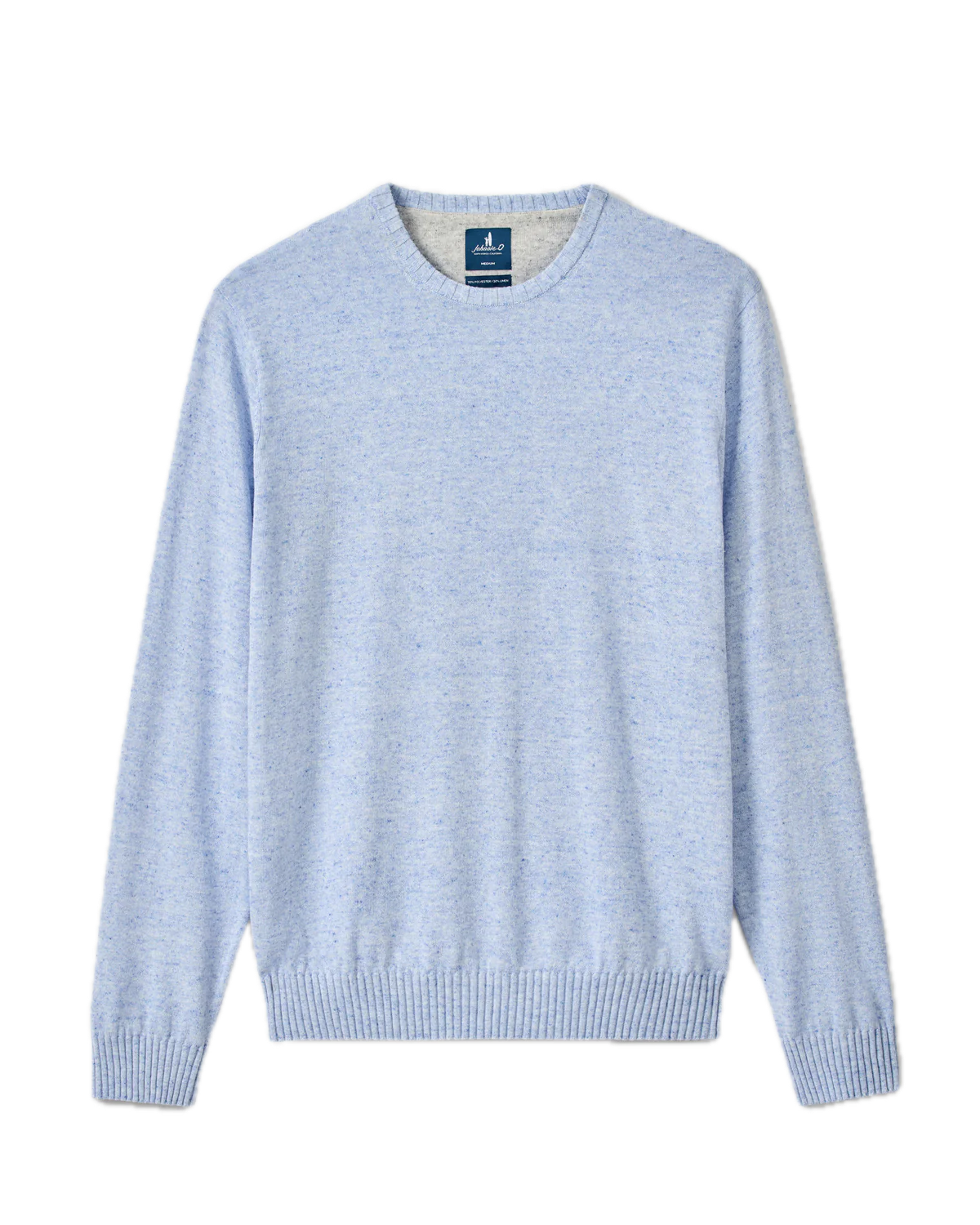 The Johnnie-O Albus Crew is an ultrasoft light blue crewneck sweater featuring long sleeves with ribbed cuffs and hem—a perfect lightweight piece for everyday layering, shown against a plain white background.