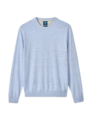 The Johnnie-O Albus Crew is an ultrasoft light blue crewneck sweater featuring long sleeves with ribbed cuffs and hem—a perfect lightweight piece for everyday layering, shown against a plain white background.