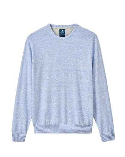 The Johnnie-O Albus Crew is an ultrasoft light blue crewneck sweater featuring long sleeves with ribbed cuffs and hem—a perfect lightweight piece for everyday layering, shown against a plain white background.