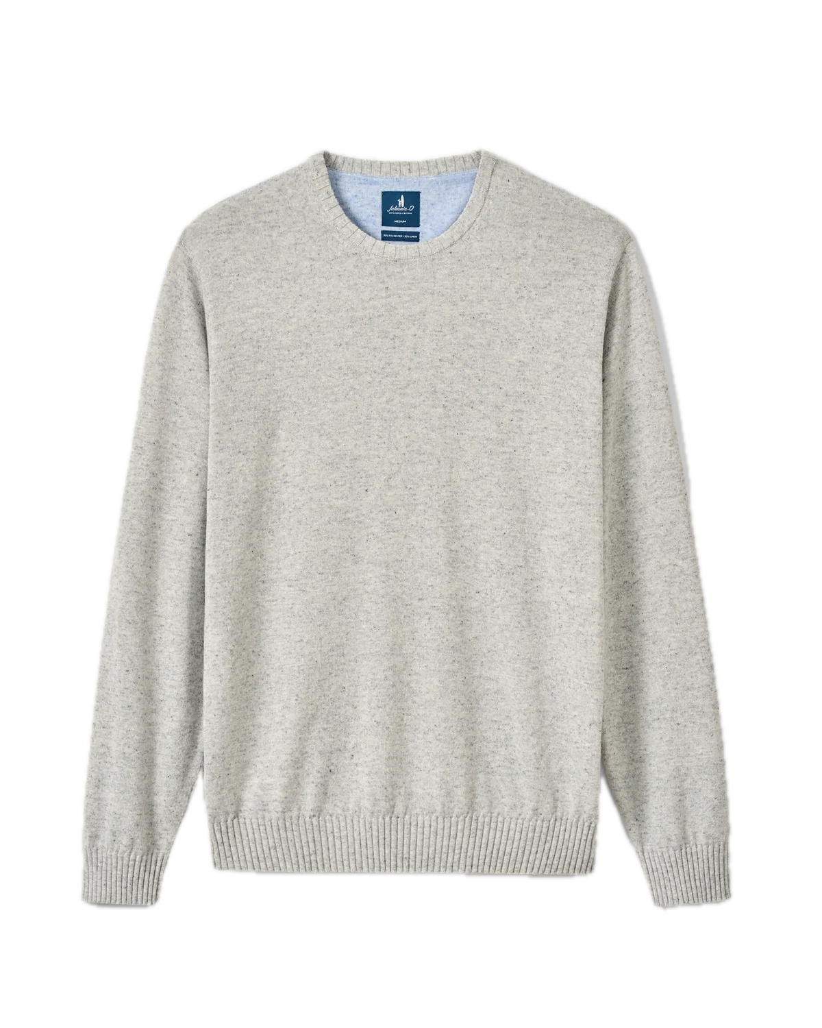 The Albus Crew by Johnnie-O is an ultrasoft, light gray crewneck sweater featuring long sleeves, ribbed cuffs, and a ribbed hem. Shown flat against a white background, it’s the ideal lightweight layer for everyday wear.
