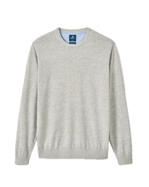 The Albus Crew by Johnnie-O is an ultrasoft, light gray crewneck sweater featuring long sleeves, ribbed cuffs, and a ribbed hem. Shown flat against a white background, it’s the ideal lightweight layer for everyday wear.