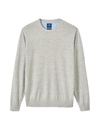 The Albus Crew by Johnnie-O is an ultrasoft, light gray crewneck sweater featuring long sleeves, ribbed cuffs, and a ribbed hem. Shown flat against a white background, it’s the ideal lightweight layer for everyday wear.