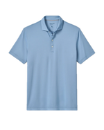 The Johnnie-O Birdie Polo, a light blue short-sleeve shirt crafted from moisture-wicking fabric and featuring a classic collar with a three-button placket, is displayed laid flat on a white background.