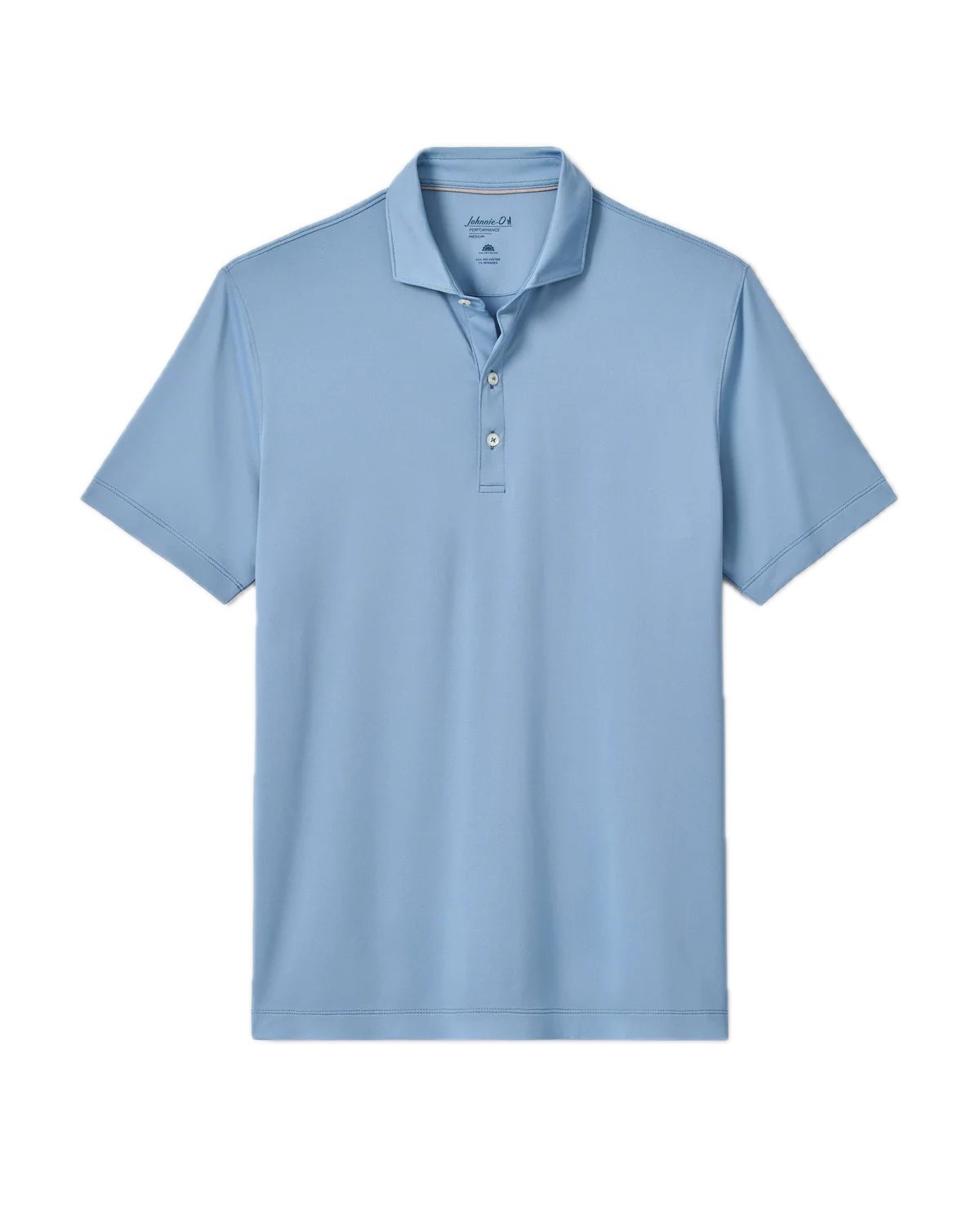 The Johnnie-O Birdie Polo, a light blue short-sleeve shirt crafted from moisture-wicking fabric and featuring a classic collar with a three-button placket, is displayed laid flat on a white background.