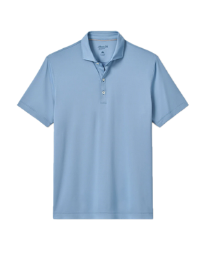 The Johnnie-O Birdie Polo, a light blue short-sleeve shirt crafted from moisture-wicking fabric and featuring a classic collar with a three-button placket, is displayed laid flat on a white background.