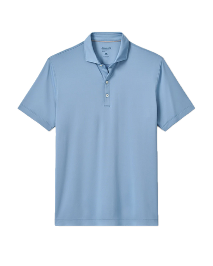 The Johnnie-O Birdie Polo, a light blue short-sleeve shirt crafted from moisture-wicking fabric and featuring a classic collar with a three-button placket, is displayed laid flat on a white background.