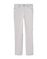 A pair of Johnnie-O Cross Country Flex Pants in light gray, made from stretch knit fabric with a straight-leg silhouette, five-pocket styling, belt loops, and a front button closure, shown against a white background.