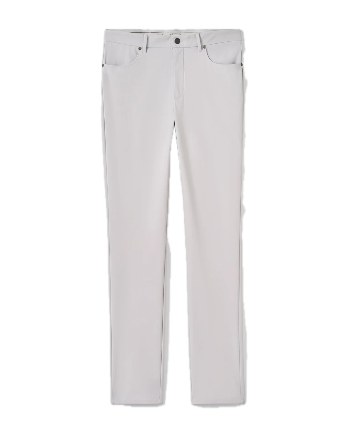 A pair of Johnnie-O Cross Country Flex Pants in light gray, made from stretch knit fabric with a straight-leg silhouette, five-pocket styling, belt loops, and a front button closure, shown against a white background.