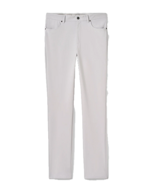 A pair of Johnnie-O Cross Country Flex Pants in light gray, made from stretch knit fabric with a straight-leg silhouette, five-pocket styling, belt loops, and a front button closure, shown against a white background.