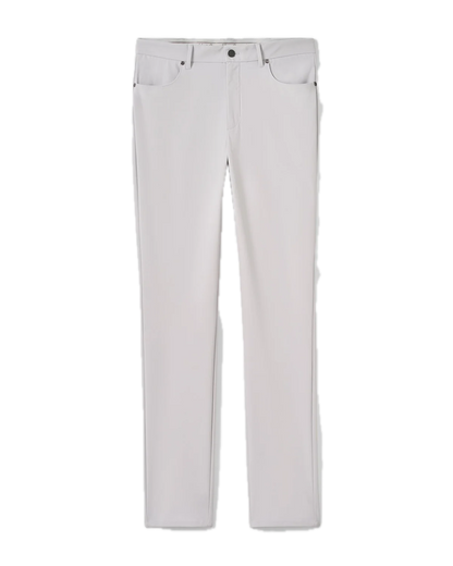 A pair of Johnnie-O Cross Country Flex Pants in light gray, made from stretch knit fabric with a straight-leg silhouette, five-pocket styling, belt loops, and a front button closure, shown against a white background.