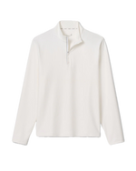 The Johnnie-O Hoppin QZ Pullover is a plain white, long-sleeve ribbed performance 1/4-zip featuring a stand collar and partial front zipper for stylish versatility on any occasion.