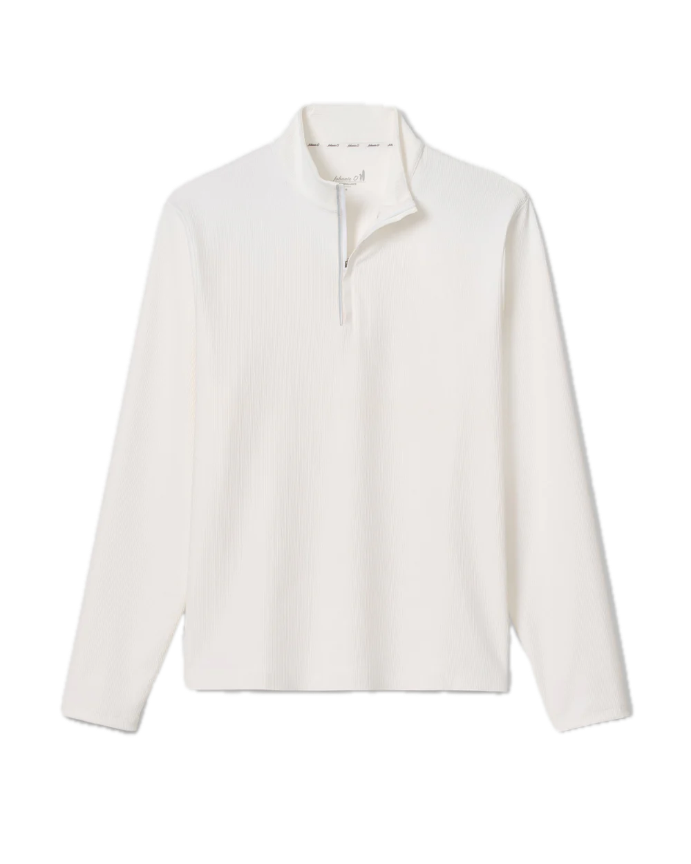 The Johnnie-O Hoppin QZ Pullover is a plain white, long-sleeve ribbed performance 1/4-zip featuring a stand collar and partial front zipper for stylish versatility on any occasion.