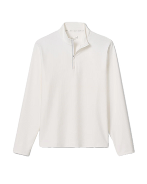The Johnnie-O Hoppin QZ Pullover is a plain white, long-sleeve ribbed performance 1/4-zip featuring a stand collar and partial front zipper for stylish versatility on any occasion.