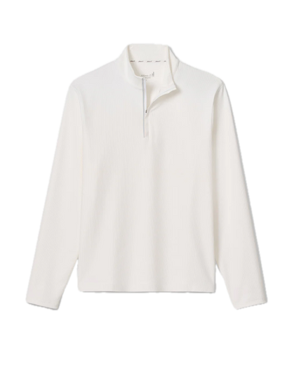 The Johnnie-O Hoppin QZ Pullover is a plain white, long-sleeve ribbed performance 1/4-zip featuring a stand collar and partial front zipper for stylish versatility on any occasion.