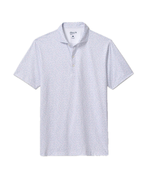 Light-colored men's Rez Polo by Johnnie-O with short sleeves, featuring a small floral pattern and a buttoned collar. This moisture-wicking polo offers UPF 50 protection and displays the Johnnie-O label inside the neckline, laid flat on a white background.